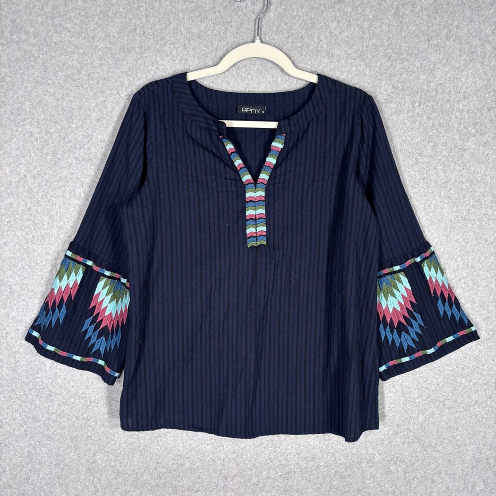 APNY Embroidered Peasant Blouse Small Navy Bell Sleeve Semi Sheer Boho Aztec